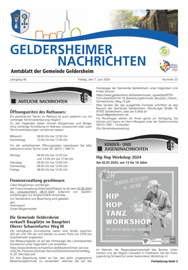 Geldersheimer Nachrichten Amtsblatt der Gemeinde Geldersheim Titelblatt 23/2024