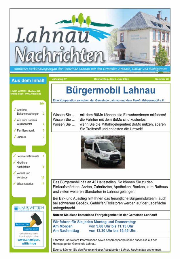 Lahnau Nachrichten Titelblatt 23/2024
