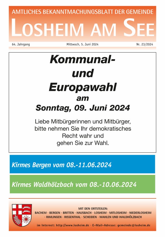 Amtliches Bekanntmachungsblatt der Gemeinde Losheim am See Titelblatt 23/2024