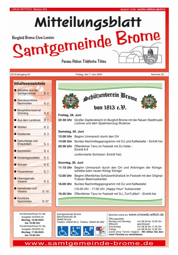 Mitteilungsblatt der Samtgemeinde Brome Titelblatt 23/2024