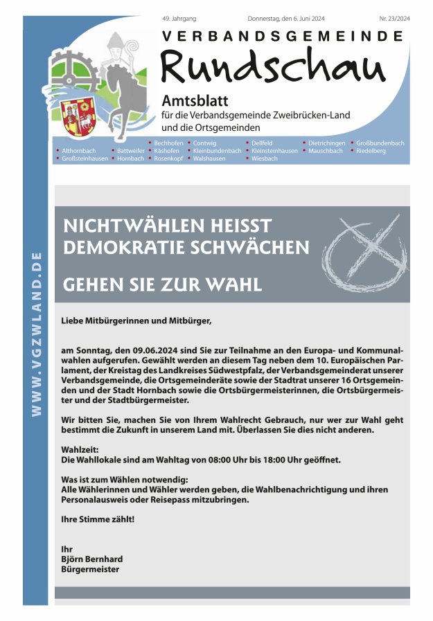 Verbandsgemeinde Rundschau Zweibrücken-Land Titelblatt 23/2024