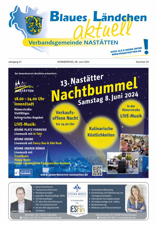 Blaues Ländchen aktuell - Heimat- u Bürgerzeitung VG Nastätten Titelblatt 23/2024