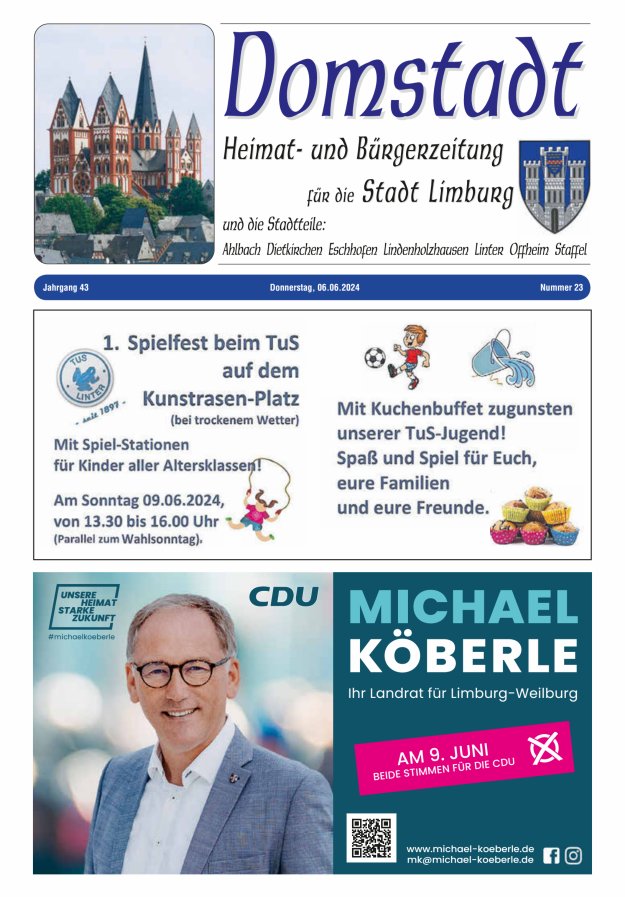 Domstadt - Heimat- und Bürgerzeitung für die Stadt Limburg Titelblatt 23/2024