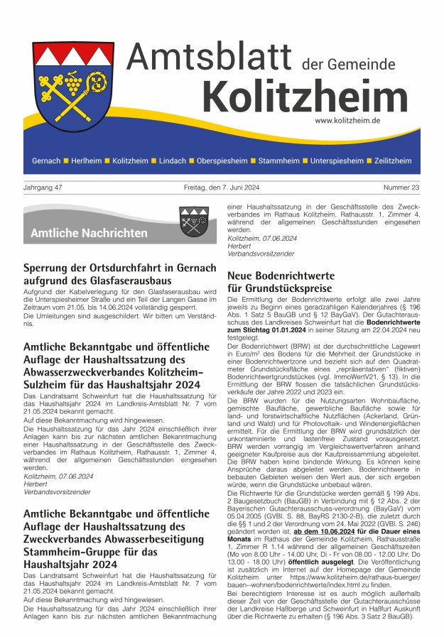 Amtsblatt der Gemeinde Kolitzheim Titelblatt 23/2024