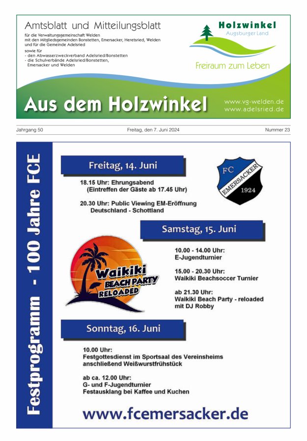 Aus dem Holzwinkel Amtsblatt u Mitteilungsblatt f VG Welden u GemAdelsried Titelblatt 23/2024