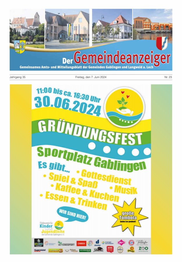 Der Gemeindeanzeiger - Gablingen Langweid Titelblatt 23/2024