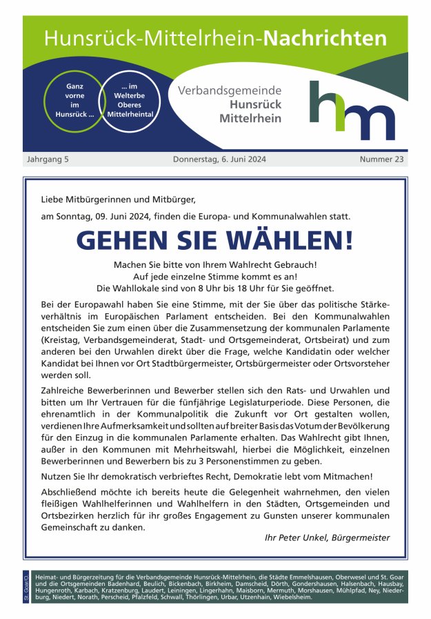 Hunsrück-Mittelrhein Nachrichten Ausgabe St Goar Oberwesel Titelblatt 23/2024