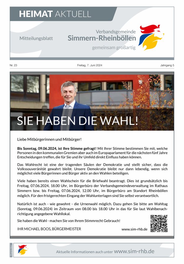 Heimat Aktuell Mitteilungsblatt der VG Simmern-Rheinböllen-Ausg Rheinböllen Titelblatt 23/2024