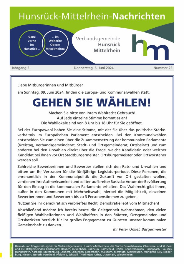 Hunsrück-Mittelrhein Nachrichten Ausgabe Emmelshausen Titelblatt 23/2024