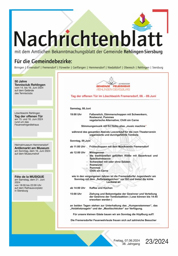 Nachrichtenblatt Rehlingen-Siersburg Titelblatt 23/2024