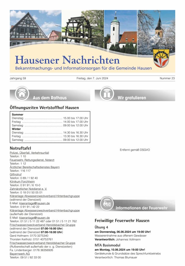 Hausener Nachrichten Titelblatt 23/2024