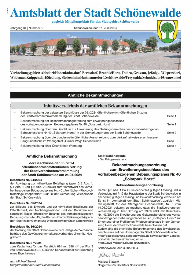 Amtsblatt der Stadt Schönewalde - Mitteilungsblatt für das Stadtgebiet Titelblatt 06/2024