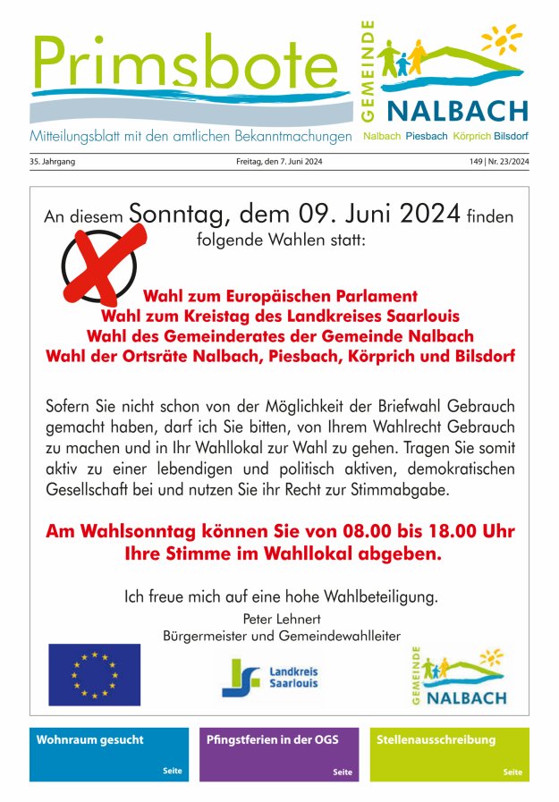 Primsbote Gemeinde Nalbach Titelblatt 23/2024