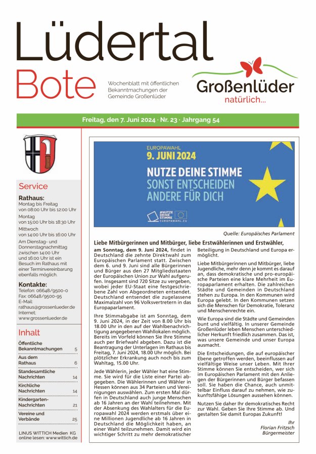 Wochenblatt mit öffentlichen Bekanntmachungen der Gemeinde Großenlüder Titelblatt 23/2024