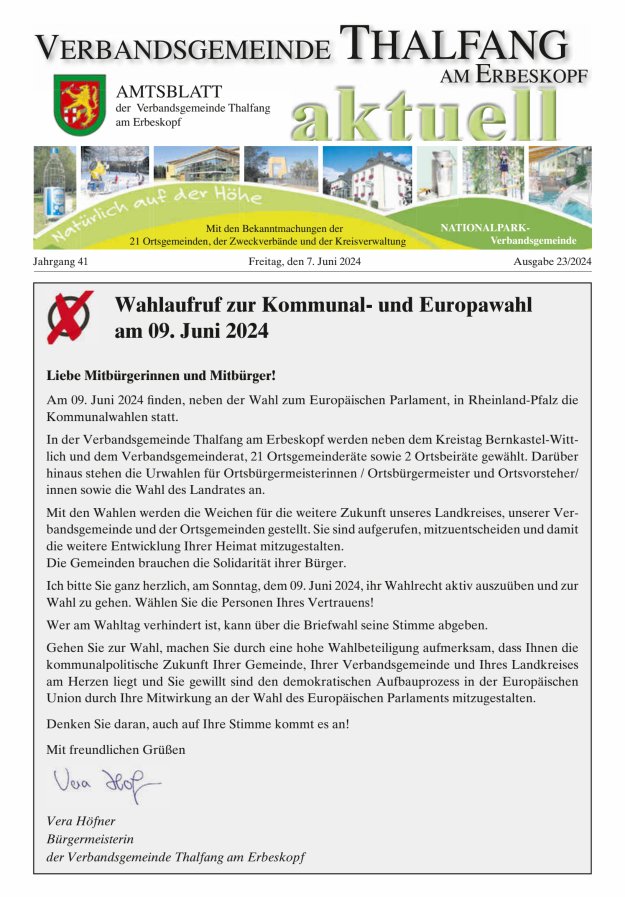 Thalfang aktuell - Amtsblatt VG Thalfang Titelblatt 23/2024