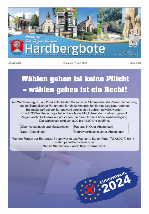 Hardbergbote - Mitteilungsblatt der Gemeinde Abtsteinach Titelblatt 23/2024