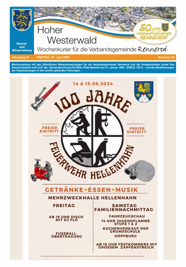Hoher Westerwald - Wochenkurier für die Verbandsgemeinde Rennerod Titelblatt 23/2024