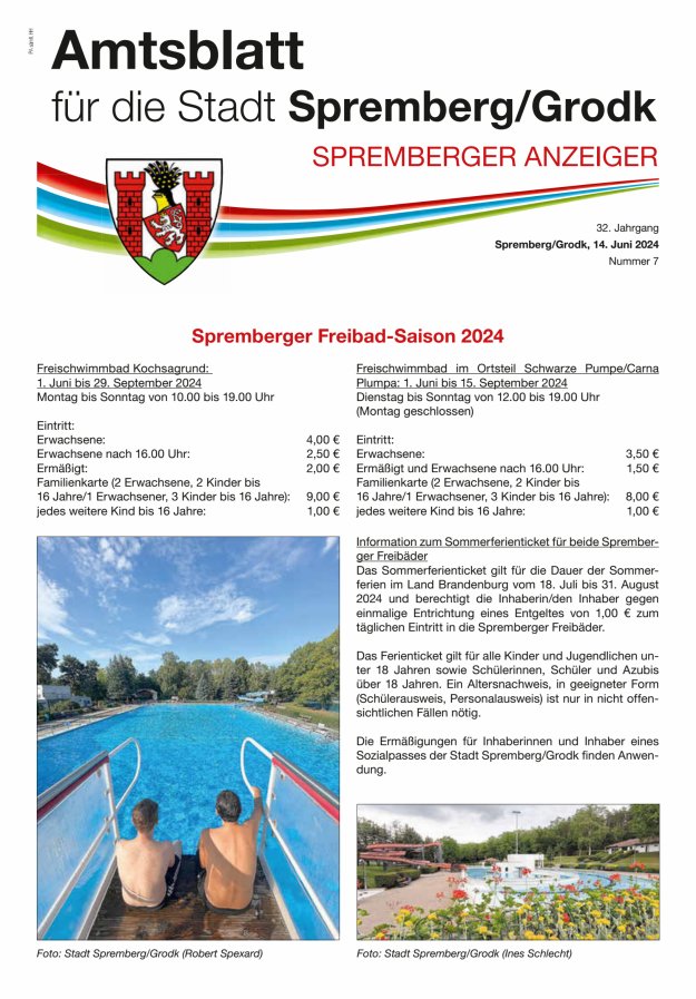 Amtsblatt für die Stadt Spremberg/Grodk – Spremberger Anzeiger Titelblatt 07/2024