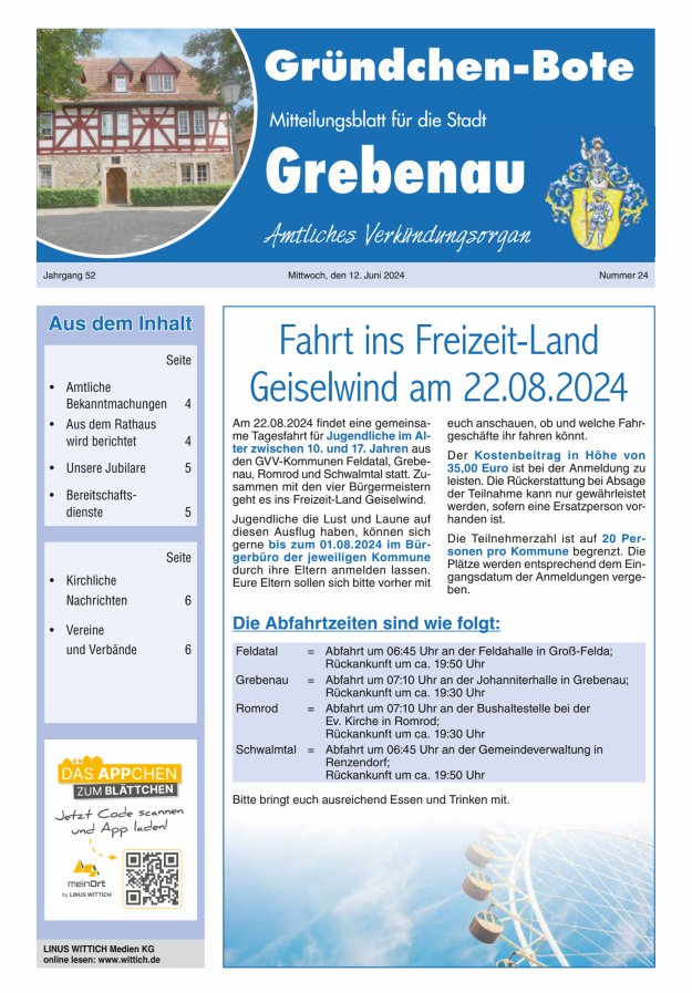 Grebenau - Gründchen Bote - Mitteilungsblatt für die Stadt Grebenau Titelblatt 24/2024