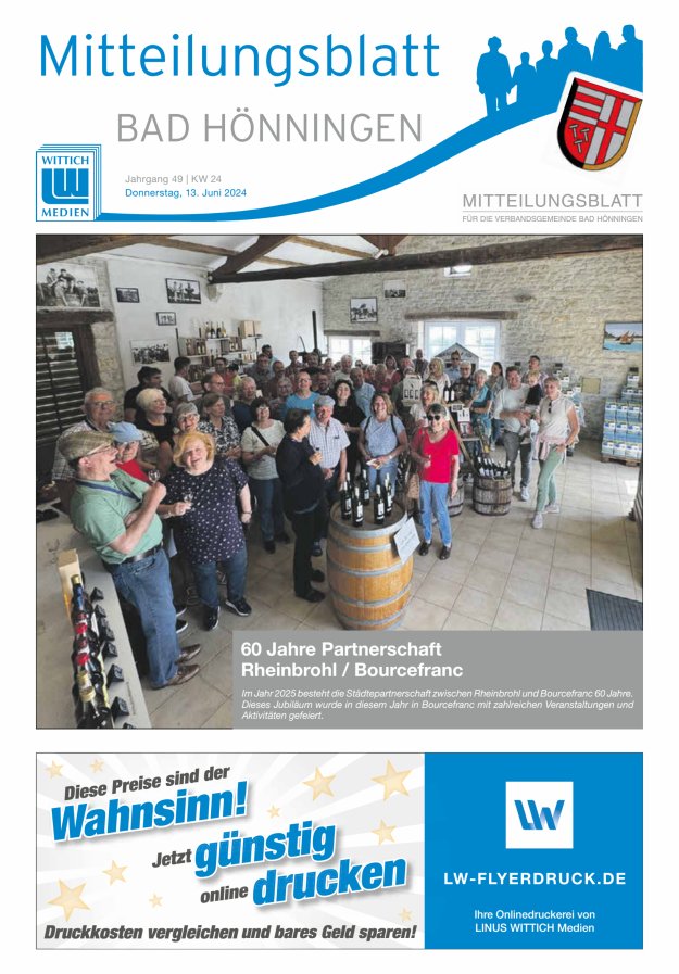 Mitteilungsblatt für den Bereich der Verbandsgemeinde Bad Hönningen Titelblatt 24/2024