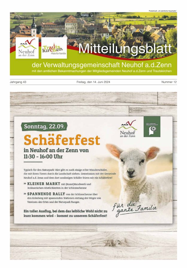Mitteilungsblatt der Verwaltungsgemeinschaft Neuhof an der Zenn mit den amtlichen Bekanntmachungen der Mitgliedsgemeinden Neuhof an der Zenn und Trautskirchen Titelblatt 12/2024
