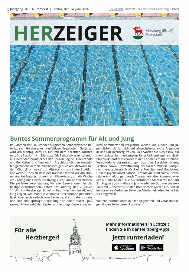 Amtsblatt für die Stadt Herzberg (Elster) mit Bekanntmachungen der Stadt  Titelblatt 08/2024