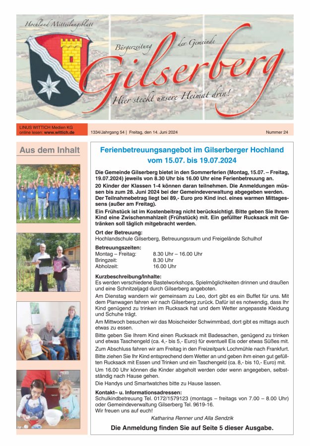 Hochland Mitteilungsblatt Gilserberg Titelblatt 24/2024