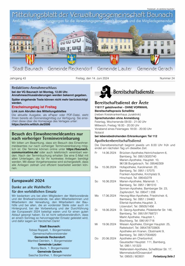 Mitteilungsblatt Verwaltungsgemeinschaft Baunach Titelblatt 24/2024