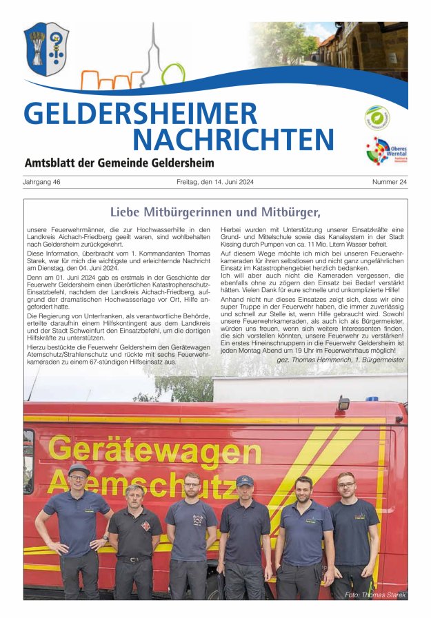Geldersheimer Nachrichten Amtsblatt der Gemeinde Geldersheim Titelblatt 24/2024
