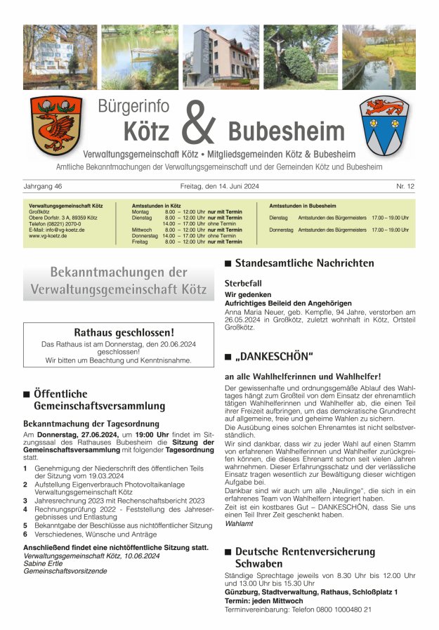 Amtsblatt der VG Kötz und der Mitgliedsgemeinden Titelblatt 12/2024