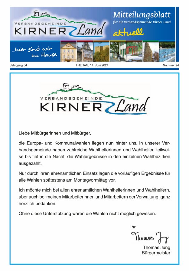 Mitteilungsblatt für den Bereich der Verbandsgemeinde Kirner Land Titelblatt 24/2024