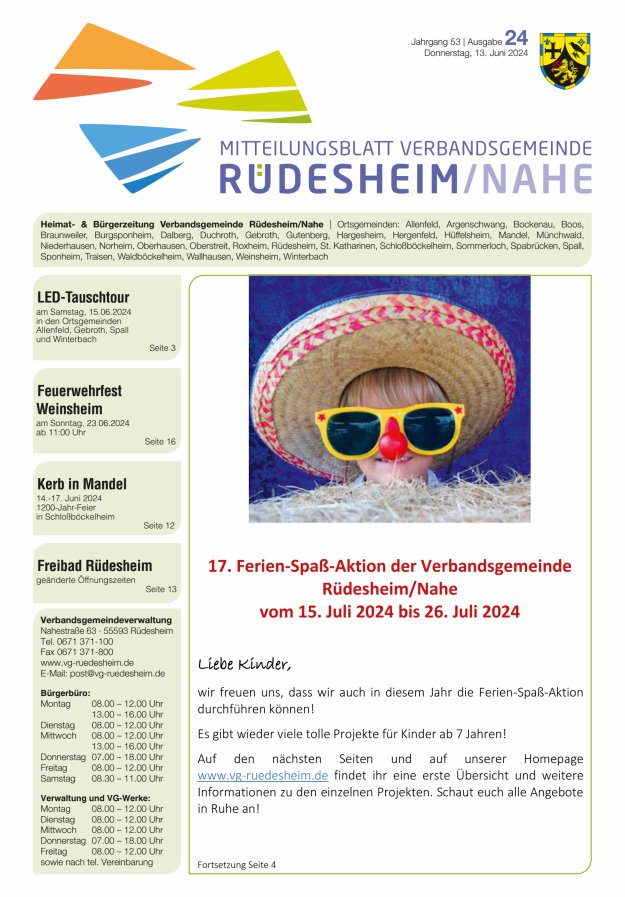 Mitteilungsblatt Verbandsgemeinde Rüdesheim und zugehörige Ortsgemeinden Titelblatt 24/2024