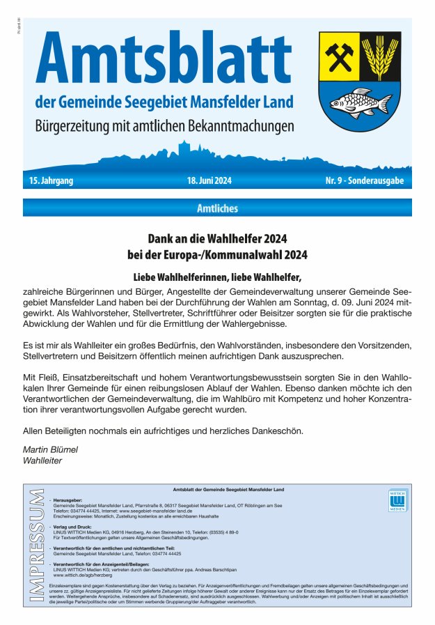 Amtsblatt der Gemeinde Seegebiet Mansfelder Land Titelblatt 09/2024