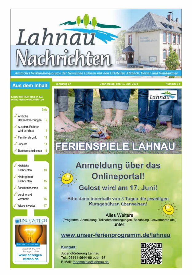 Lahnau Nachrichten Titelblatt 24/2024