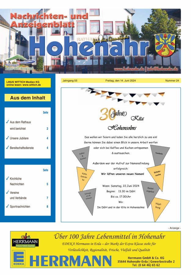 Nachrichten- und Anzeigenblatt für die Gemeinde Hohenahr Titelblatt 24/2024