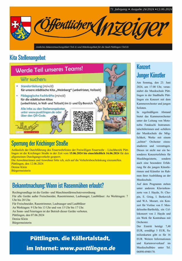 Öffentlicher Anzeiger - Stadt Püttlingen Titelblatt 24/2024