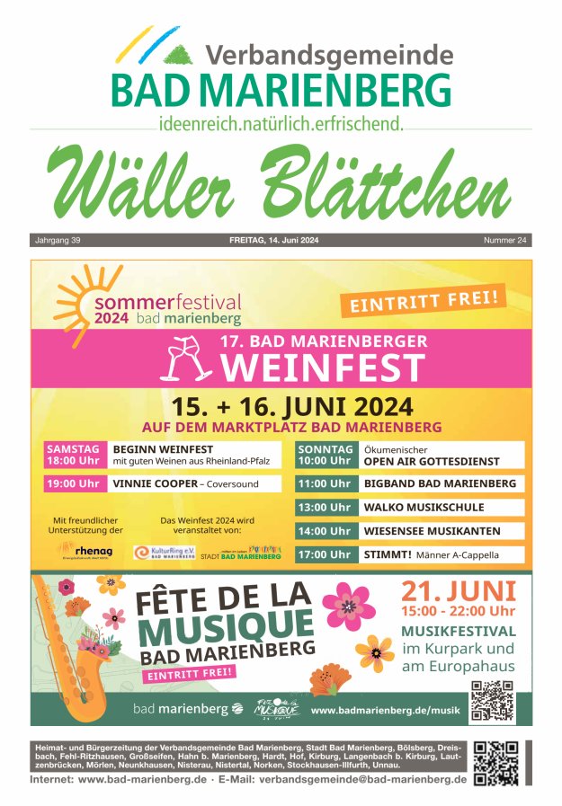 Wäller Blättchen - Verbandsgemeinde Bad Marienberg Titelblatt 24/2024