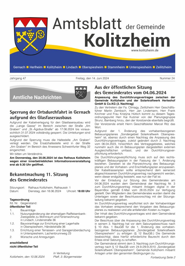 Amtsblatt der Gemeinde Kolitzheim Titelblatt 24/2024