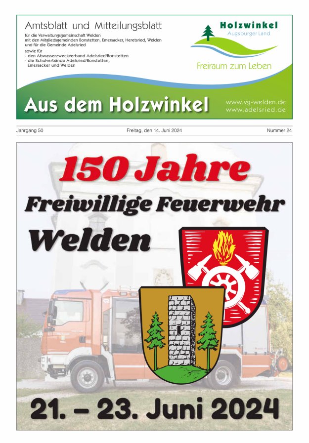 Aus dem Holzwinkel Amtsblatt u Mitteilungsblatt f VG Welden u GemAdelsried Titelblatt 24/2024