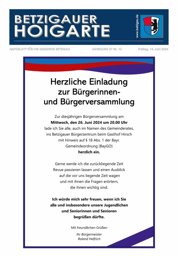 Betzigauer Hoigarte Amtsblatt der Gemeinde Betzigau Titelblatt 12/2024