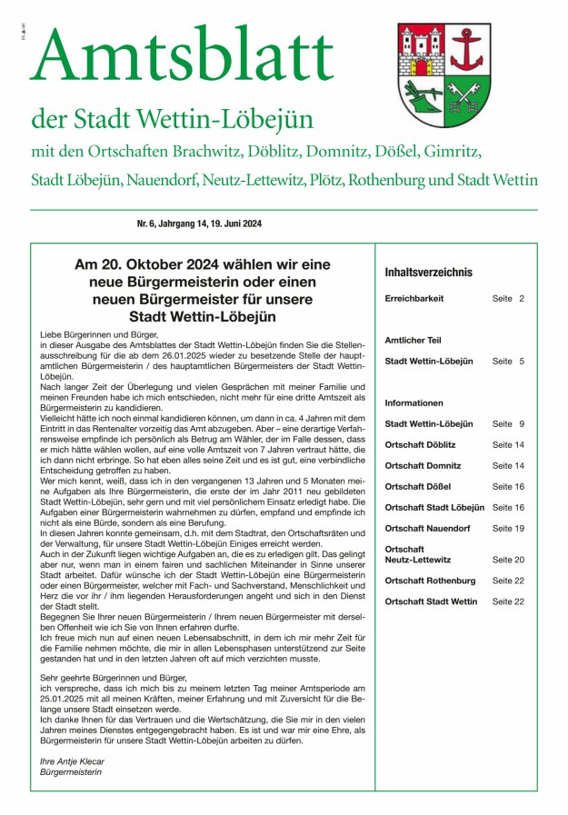 Amtsblatt der Stadt Wettin-Löbejün mit den Ortsteilen Titelblatt 06/2024