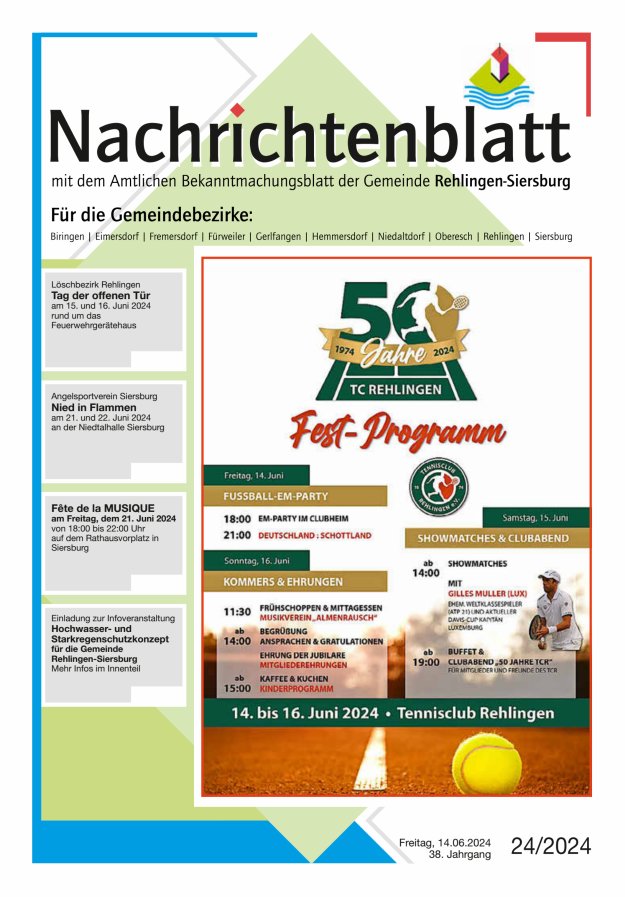 Nachrichtenblatt Rehlingen-Siersburg Titelblatt 24/2024