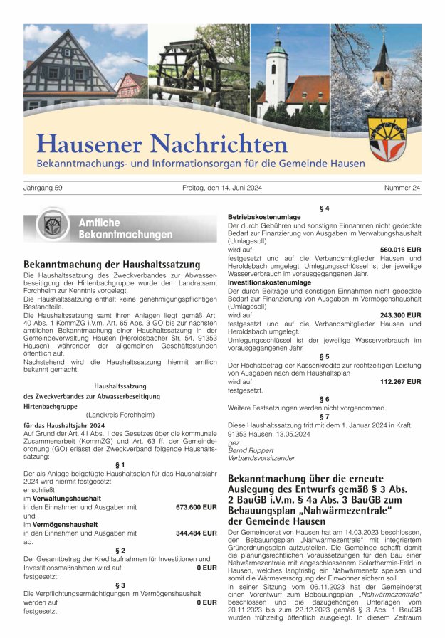 Hausener Nachrichten Titelblatt 24/2024