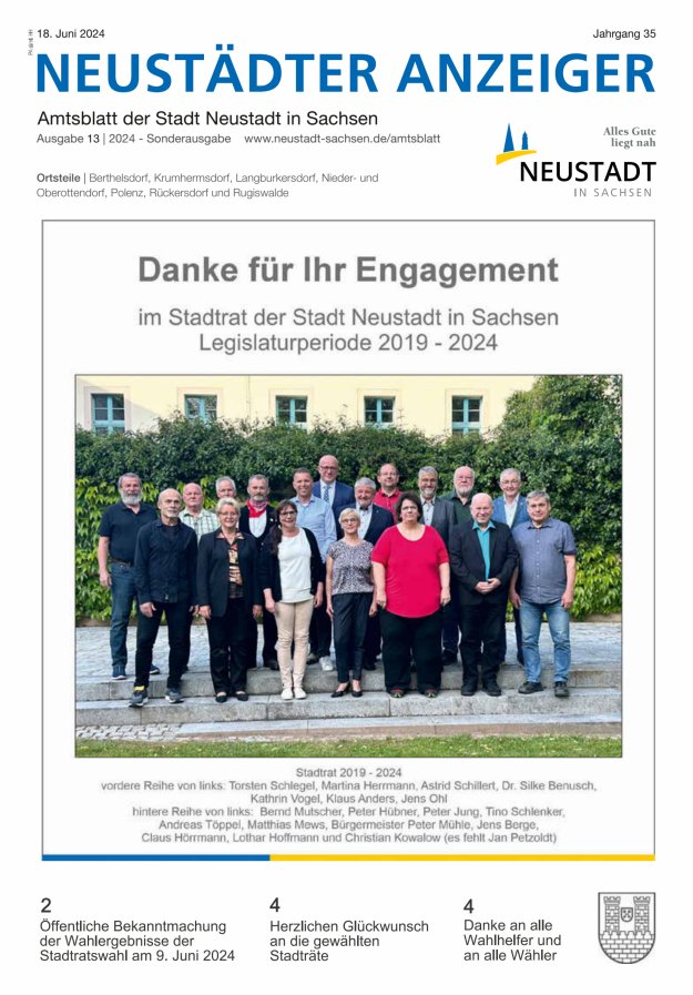 Neustädter Anzeiger - Amts- und Heimatblatt der Stadt Neustadt in Sachsen Titelblatt 13/2024