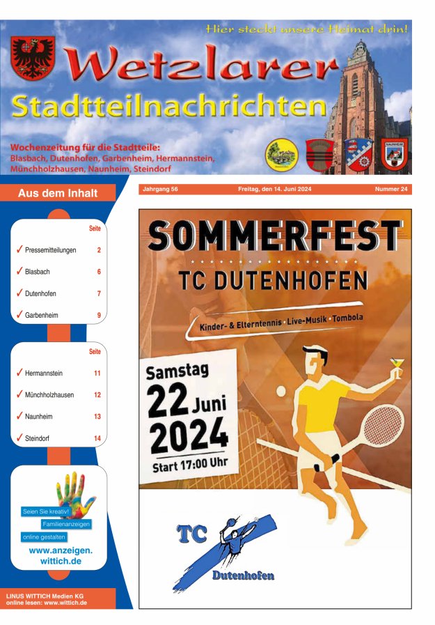 Wetzlarer Stadtteilnachrichten Titelblatt 24/2024