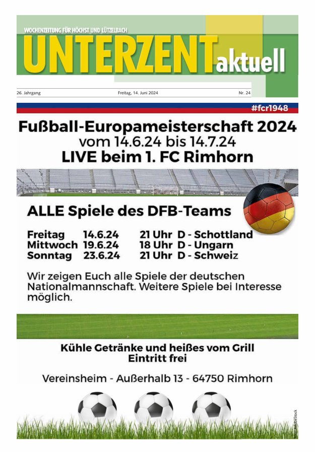 Unterzent aktuell Wochenzeitung für Höchst und Lützelbach Titelblatt 24/2024