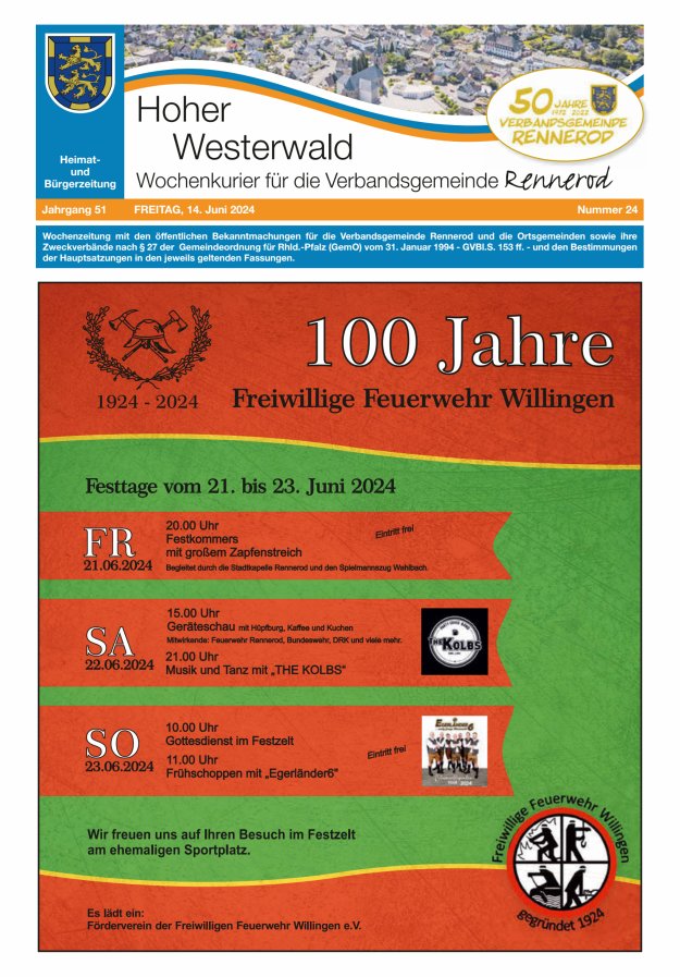 Hoher Westerwald - Wochenkurier für die Verbandsgemeinde Rennerod Titelblatt 24/2024