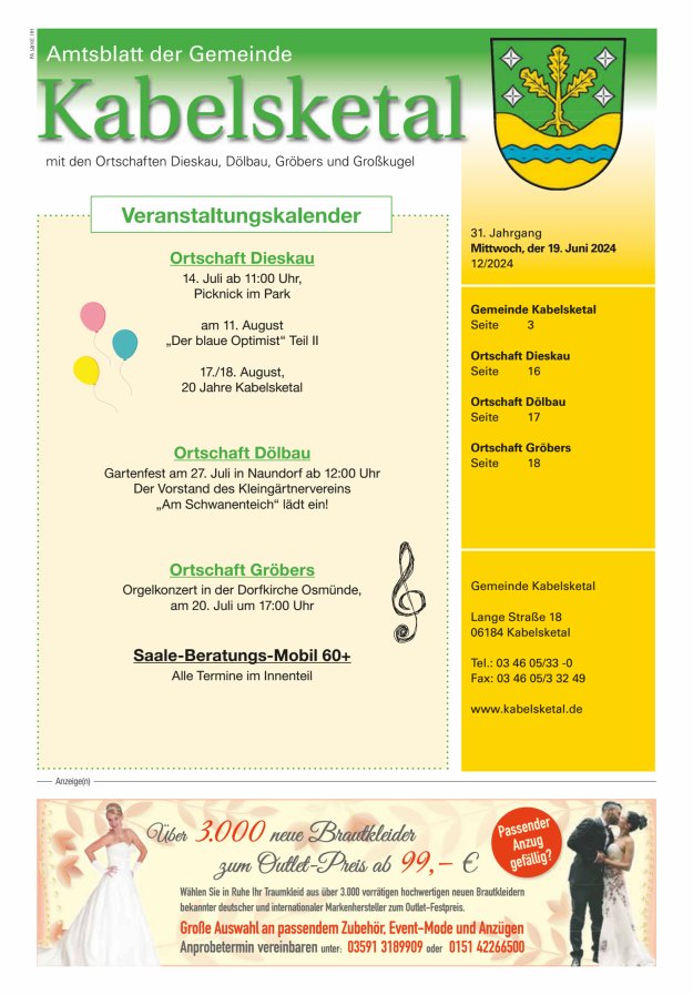 Amtsblatt der Gemeinde Kabelsketal mit den Ortsteilen Titelblatt 12/2024