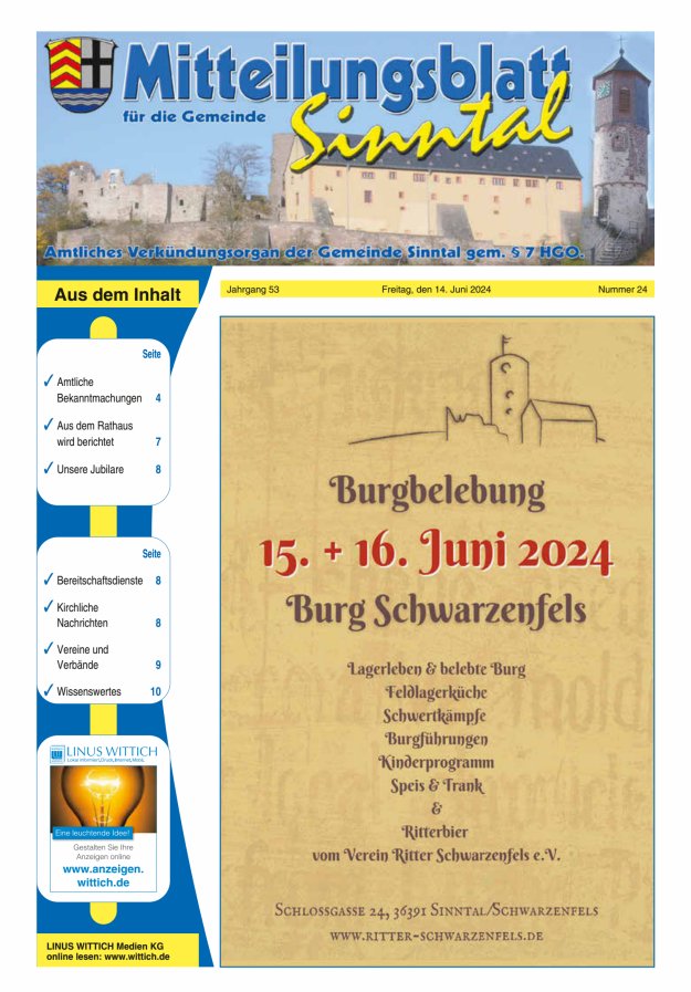 Mitteilungsblatt für die Gemeinde Sinntal Titelblatt 24/2024