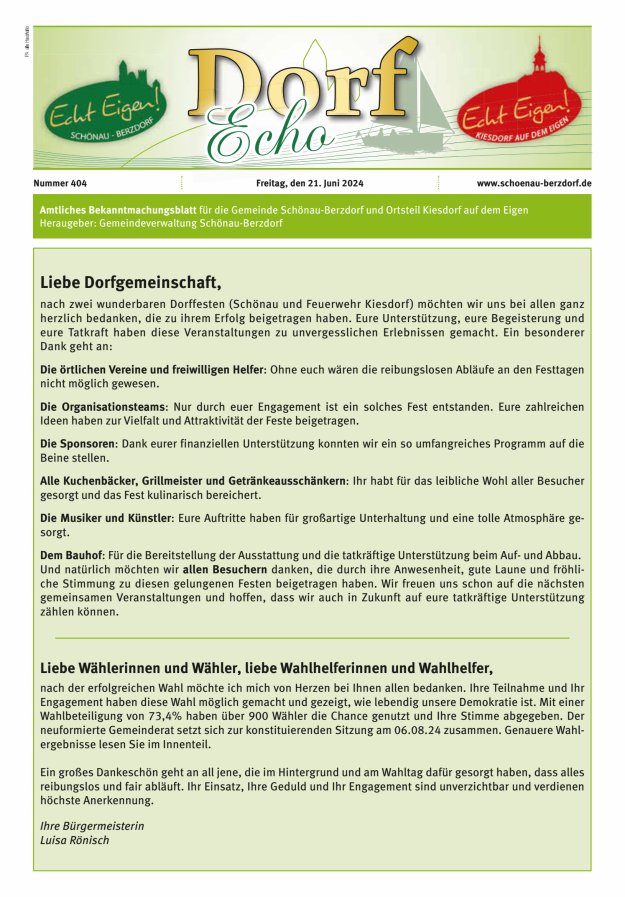 Dorfecho Amtliches Bekanntmachungsblatt für die Gemeinde Schönau-Berzdorf und OT Titelblatt 404/2024